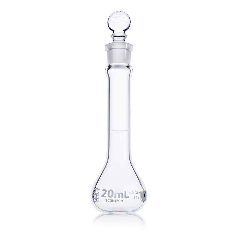 Globe Scientific Flask, Volumetric,  Wide Mouth, Globe Glass, 20mL, Class A, To Contain (TC), ASTM E288, 6/Box Image